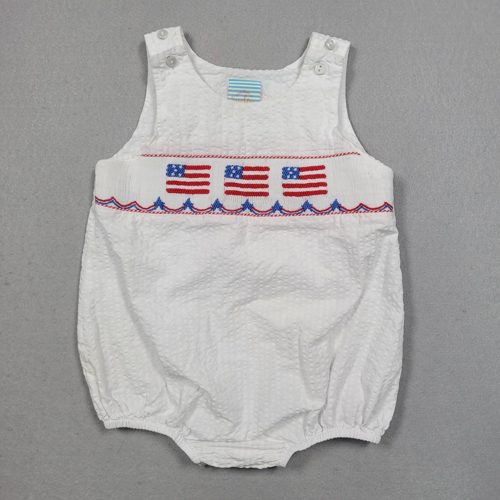 Southern Sunshine Kids American Flag Smocked Seersucker Bubble Romper White 18M